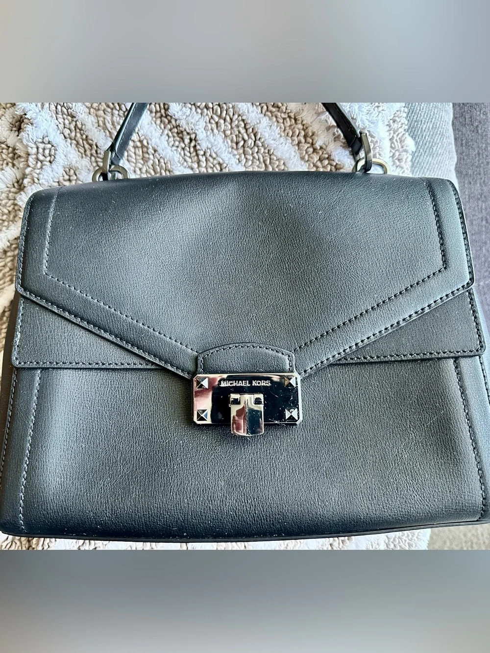 Michael Kors Black Leather Satchel with Silver-Tone Lock